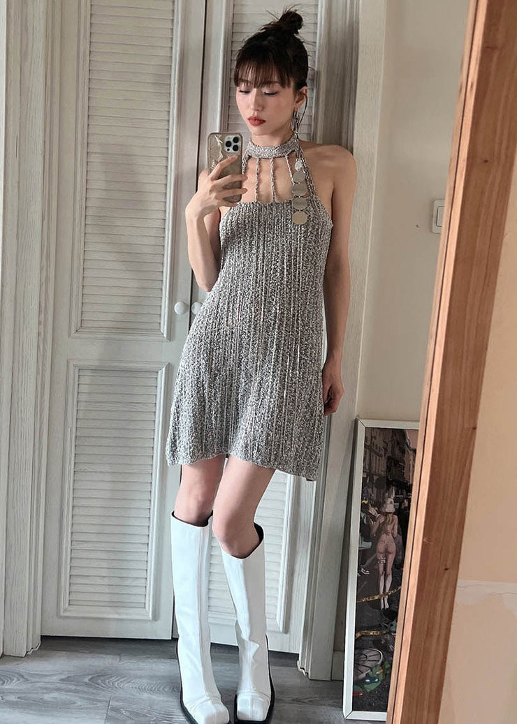 Fashion Grey Cold Shoulder Slim Fit Knit Mid Dress Summer