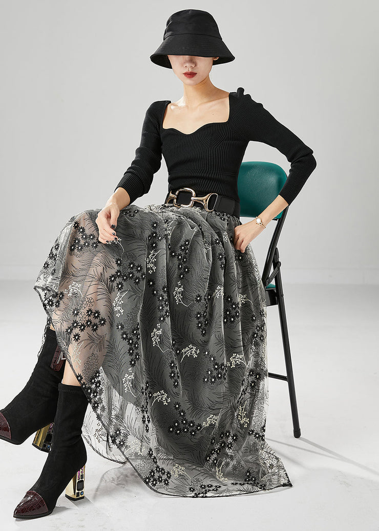 Fashion Grey Embroideried Exra Large Hem Tulle Skirts Fall