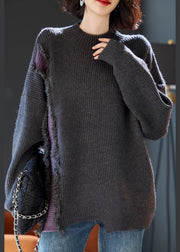 Fashion Grey Fluffy Patchwork Thick Knit Sweater Tops Winter