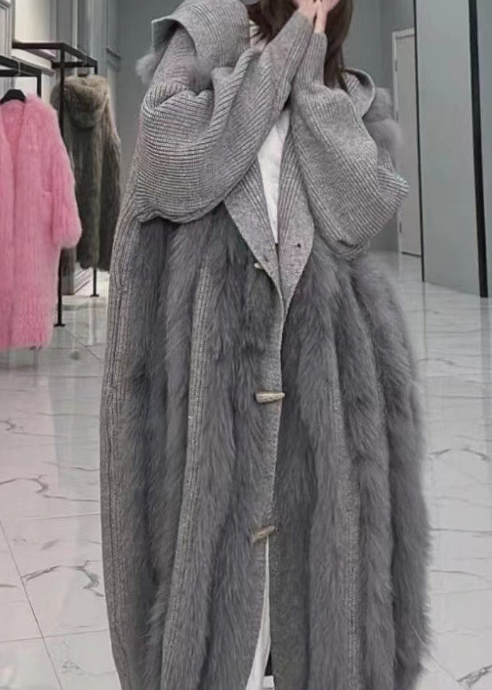 Fashion Grey Hooded Fox Fur Patchwork Knit Cardigan Fall