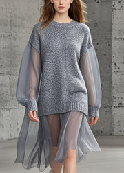 Fashion Grey Oversized Patchwork Tulle Knitted Dress Fall