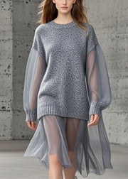 Fashion Grey Oversized Patchwork Tulle Knitted Dress Fall