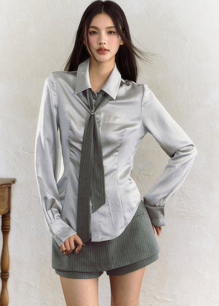 Fashion Grey Peter Pan Collar Button Shirt Fall