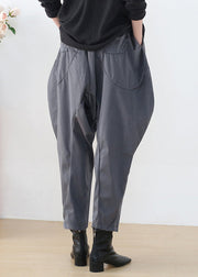 Fashion Grey Pockets Patchwork Elastic Waist Corduroy Lantern Pants Fall