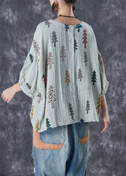 Fashion Grey Print Drawstring Cotton Top Lantern Sleeve