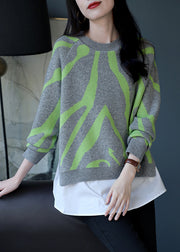 Fashion Grey Print Patchwork Wool Knit Fake Two Piece Pullover Tops Winter