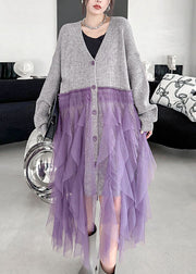 Fashion Grey V Neck Tulle Patchwork Knit Cardigans Fall