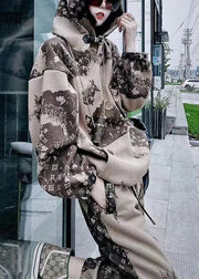 Fashion Khaki Hooded Print Warm Fleece Two Pieces Set Winter