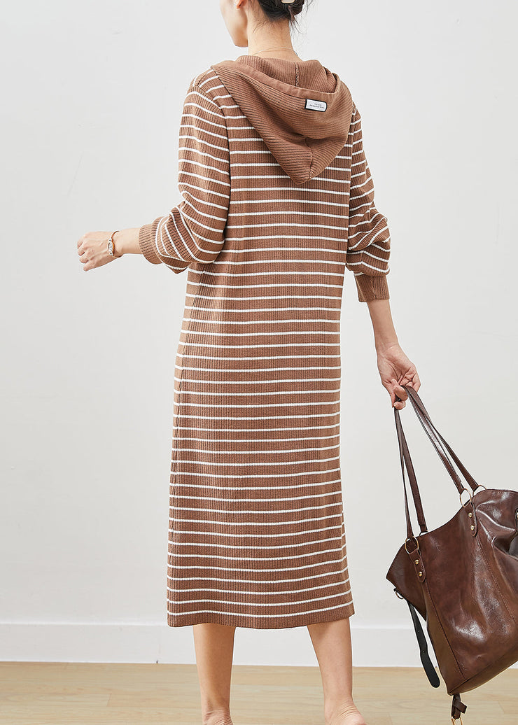 Fashion Khaki Hooded Striped Knit Sweatshirts Dress Winter