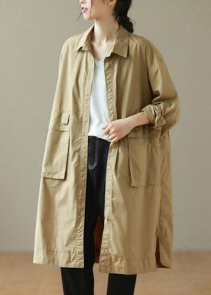 Fashion Khaki Peter Pan Collar Mid Trench Coats Long Sleeve