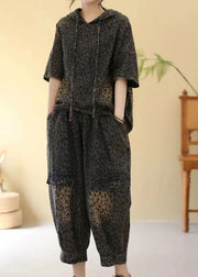 Fashion Leopard Hooded Patchwork Denim Two Piece Set Summer