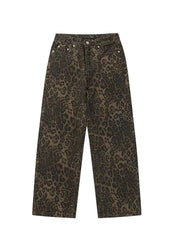 Fashion Leopard Print Pockets Denim Straight Pants Spring