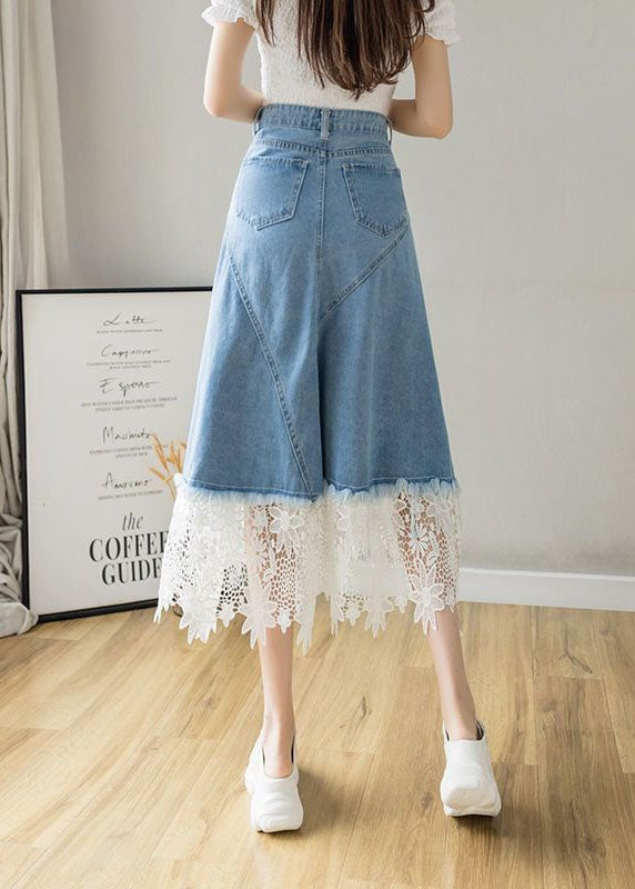 Fashion Light Blue Asymmetrical Design Lace Patchwork Denim Skirt Spring