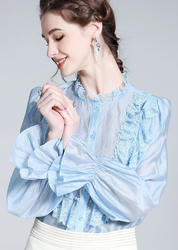 Fashion Light Blue Lace Ruffled Nail bead Patchwork Silk Shirt Spring