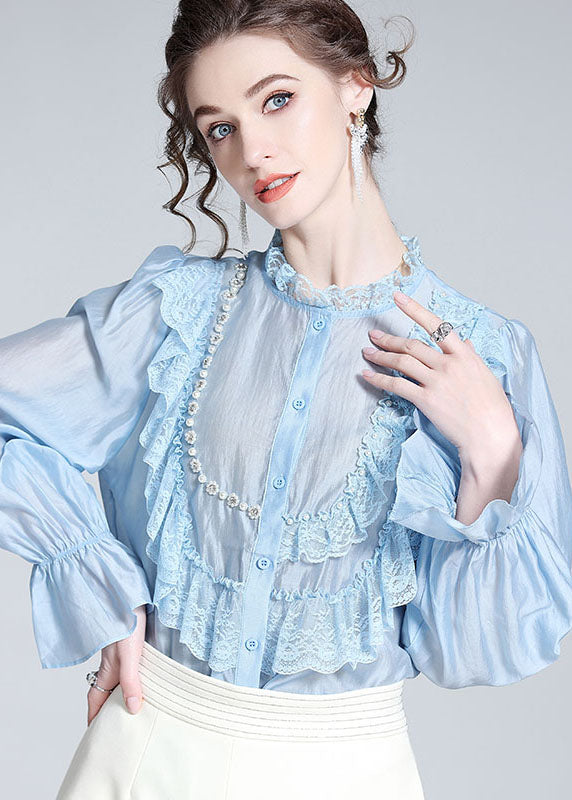 Fashion Light Blue Lace Ruffled Nail bead Patchwork Silk Shirt Spring