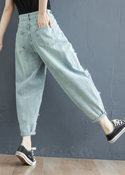 Fashion Light Blue Letter Embroideried Pockets Hole Cotton Denim Crop Pants Summer