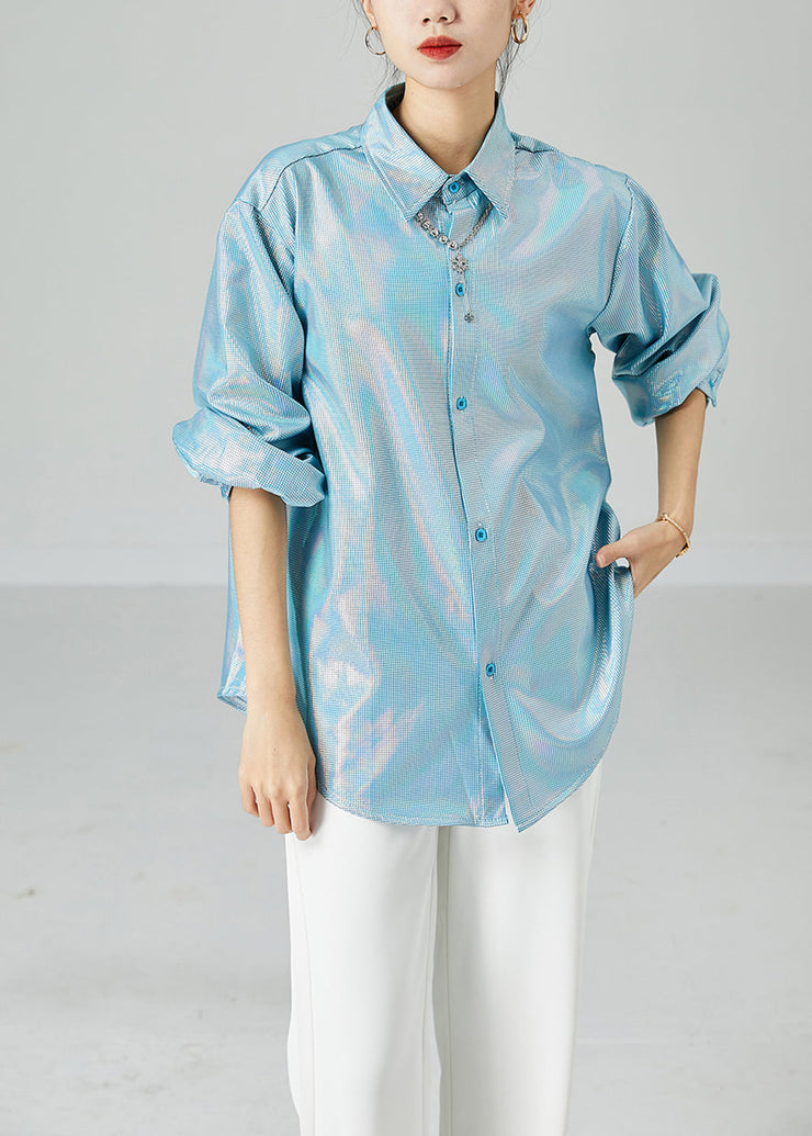 Fashion Light Blue Peter Pan Collar Oversized Plaid Shirts Spring