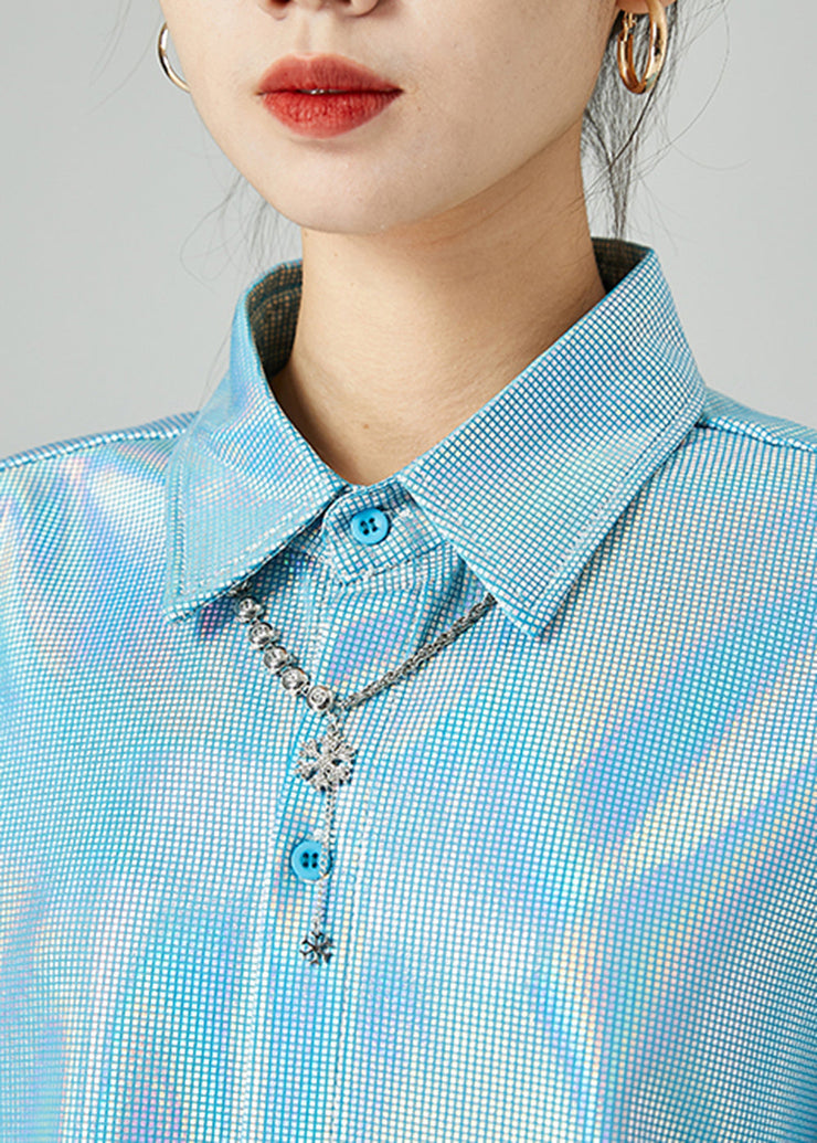 Fashion Light Blue Peter Pan Collar Oversized Plaid Shirts Spring