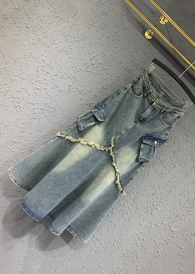 Fashion Light Blue Tasseled Pockets Patchwork Denim Skirt Fall