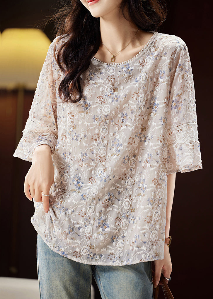 Fashion Light Coffee O-Neck Embroidered Shirts Butterfly Sleeve