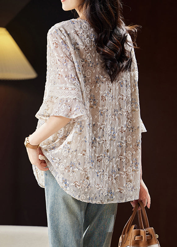 Fashion Light Coffee O-Neck Embroidered Shirts Butterfly Sleeve