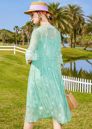 Fashion Light Green Embroideried Patchwork Tie Waist Silk Dresses Half Sleeve