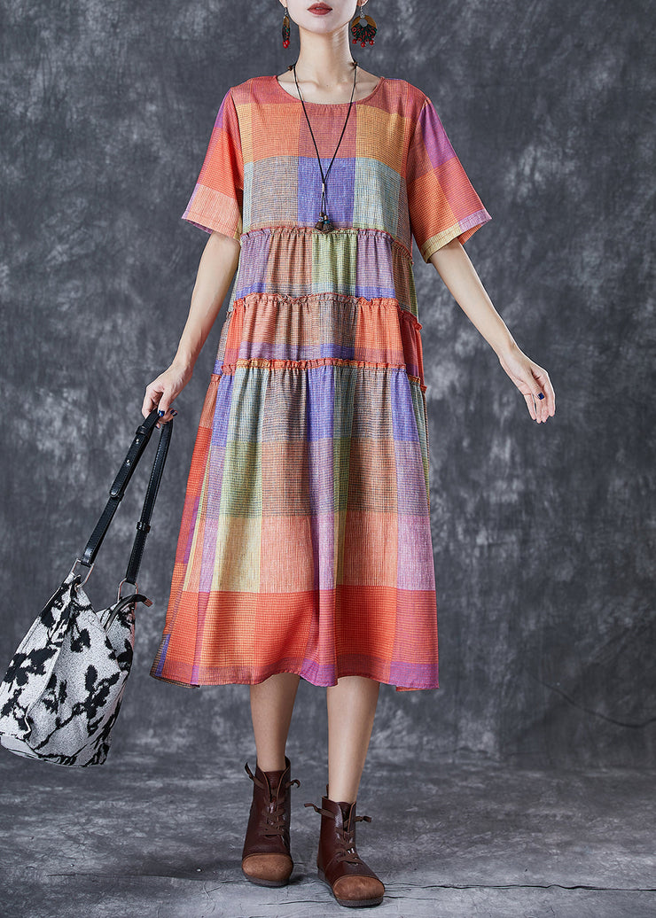 Fashion Multicolour Plaid Ruffled Cotton Long Dress Summer