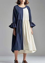 Fashion Navy Oversized Patchwork Cotton Pleated Dress Flare Sleeve