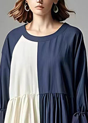 Fashion Navy Oversized Patchwork Cotton Pleated Dress Flare Sleeve