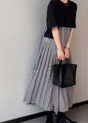 Fashion black print O-Neck Asymmetrical Plaid mosaic dress