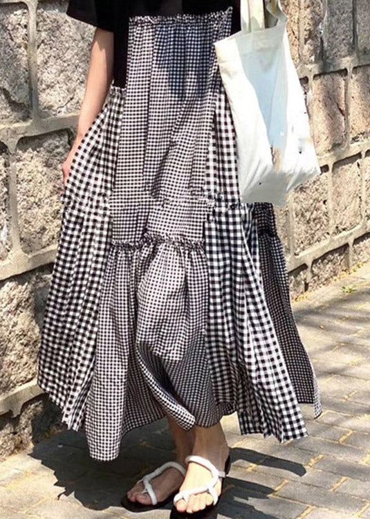 Fashion black print O-Neck Asymmetrical Plaid mosaic dress