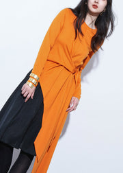 Fashion Orange Asymmetrical Design Patchwork Tie Waist Maxi Top Fall