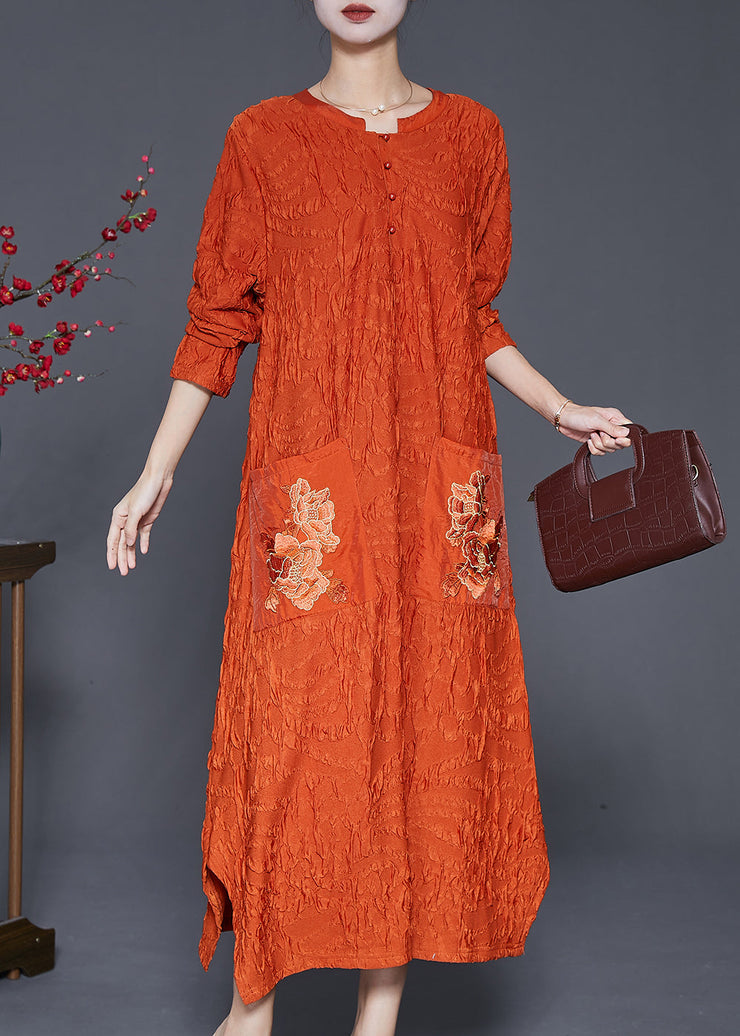 Fashion Orange Embroidered Wrinkled Silk Ankle Dress Fall