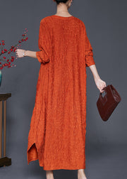 Fashion Orange Embroidered Wrinkled Silk Ankle Dress Fall