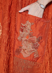 Fashion Orange Embroidered Wrinkled Silk Ankle Dress Fall