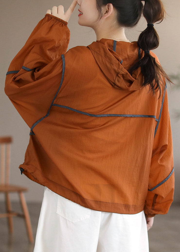 Fashion Orange Hooded Patchwork Cotton Coat Long Sleeve