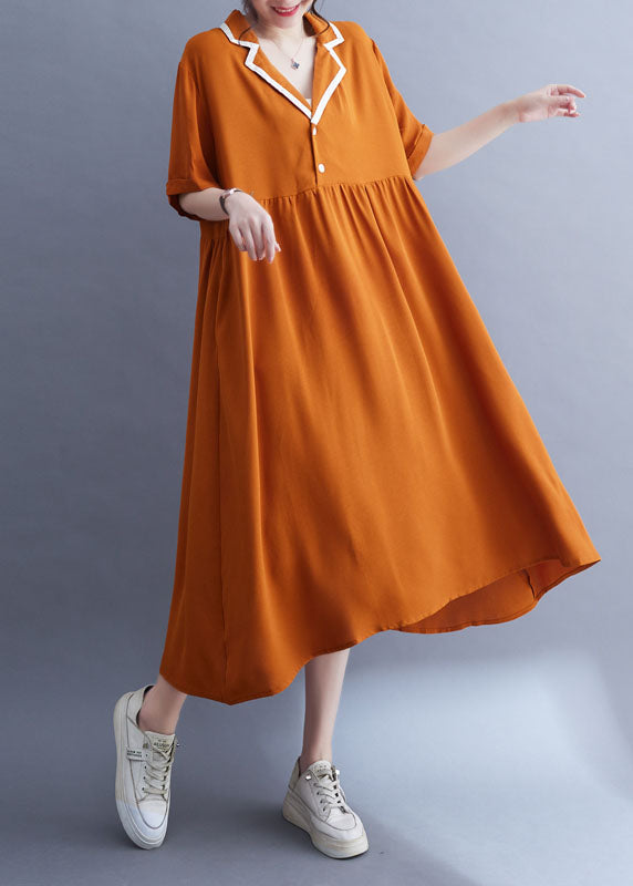 Fashion Orange Peter Pan Collar Wrinkled Patchwork Ice Silk Dress Summer