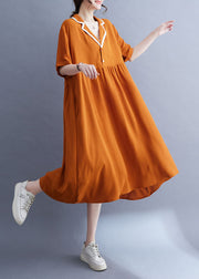 Fashion Orange Peter Pan Collar Wrinkled Patchwork Ice Silk Dress Summer