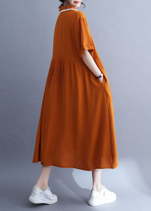 Fashion Orange Peter Pan Collar Wrinkled Patchwork Ice Silk Dress Summer