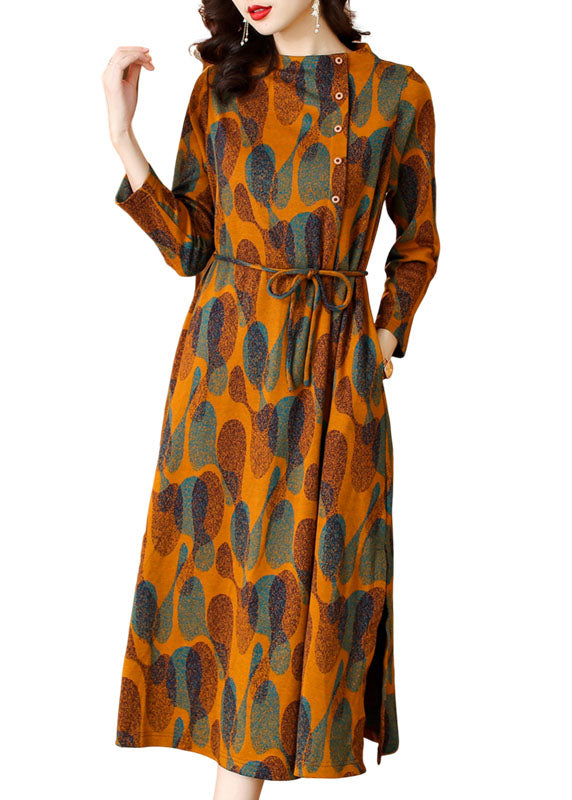 Fashion Orange Print Tie Waist Long Dresses Long Sleeve