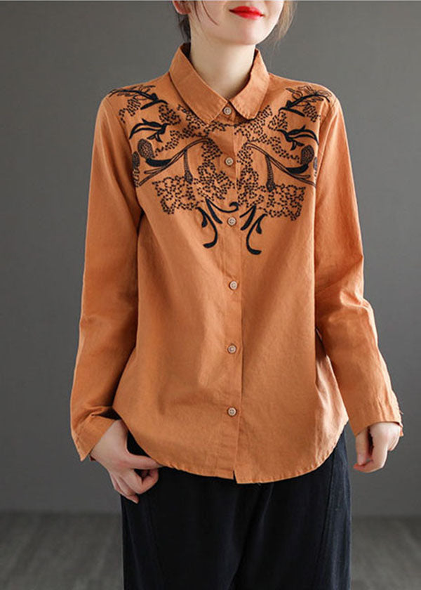 Fashion Orange Turn-down Collar Embroideried Cotton Shirt Top Long Sleeve