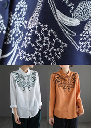 Fashion Orange Turn-down Collar Embroideried Cotton Shirt Top Long Sleeve