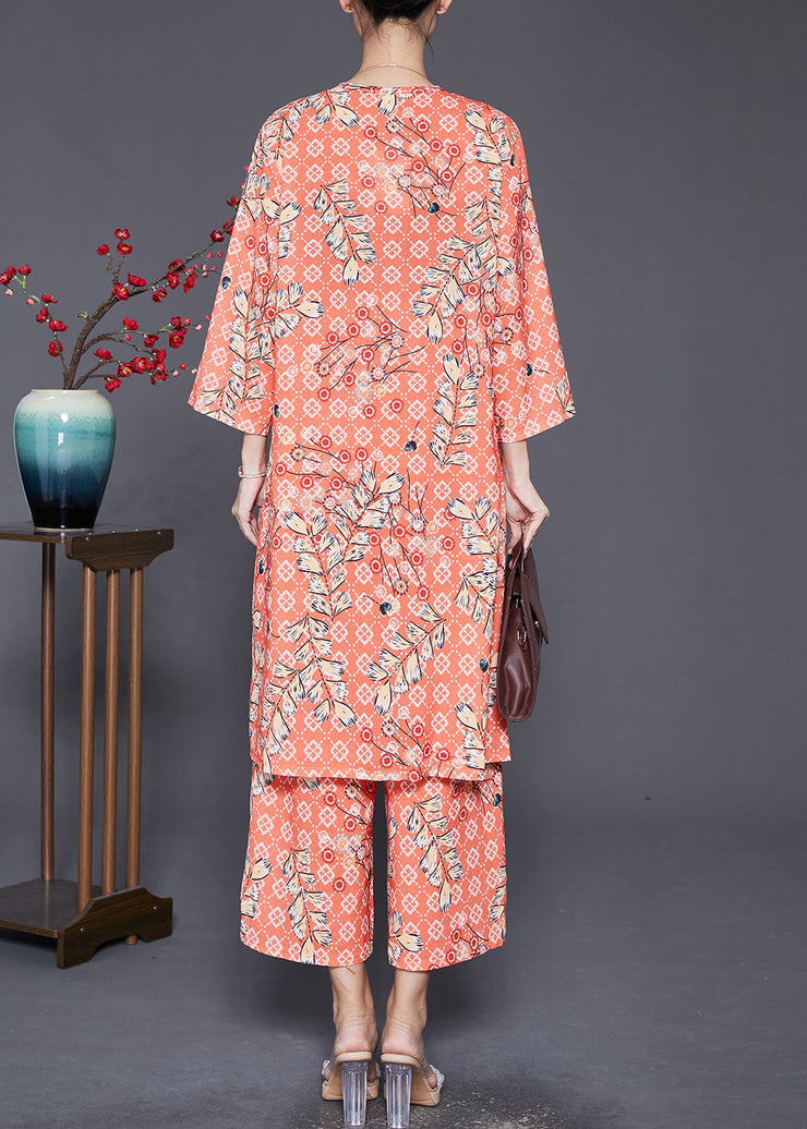 Fashion Orange V Neck Pring Cotton Two Piece Suit Set Fall