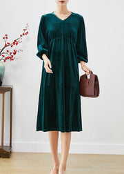 Fashion Peacock Green Oversized Patchwork Silk Velour Holiday Dress Lantern Sleeve