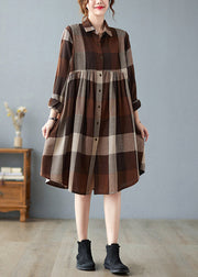 Fashion Peter Pan Collar Button Wrinkled Long Plaid Shirts Dress Long Sleeve