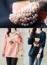 Fashion Pink Bear Patchwork Warm Fleece Sweatshirts Top Winter