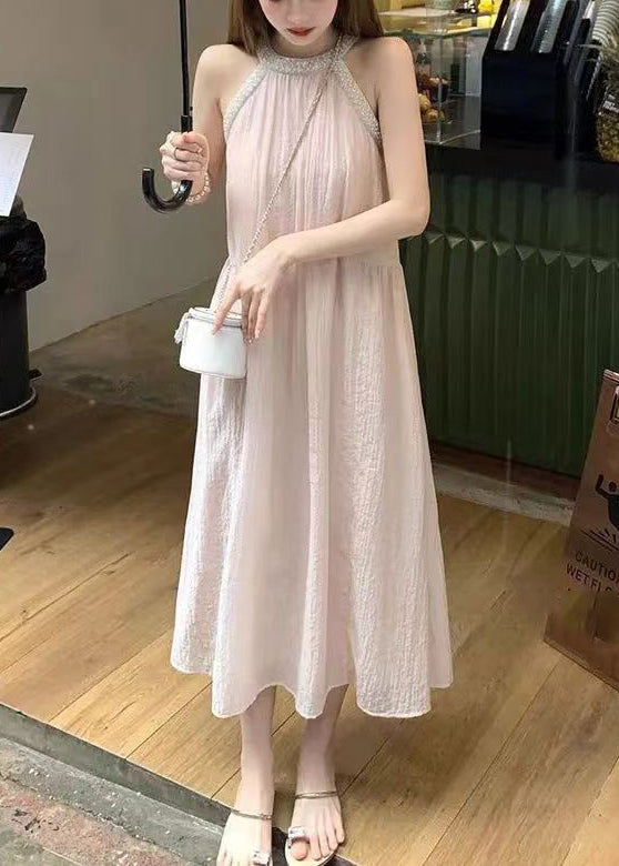 Fashion Pink Cold Shoulder Halter Cotton Long Dress Summer