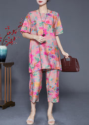 Fashion Pink O-Neck Print Linen Silk 2 Piece Outfit Summer