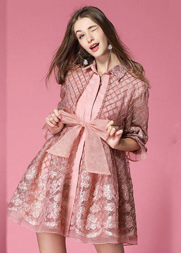 Fashion Pink Peter Pan Collar Bow Organza Day Dress Spring