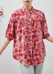 Fashion Pink Ruffled Print Chiffon Shirts Summer